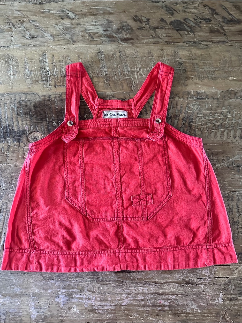 We The Free Coral-Red Denim Overall Crop Top